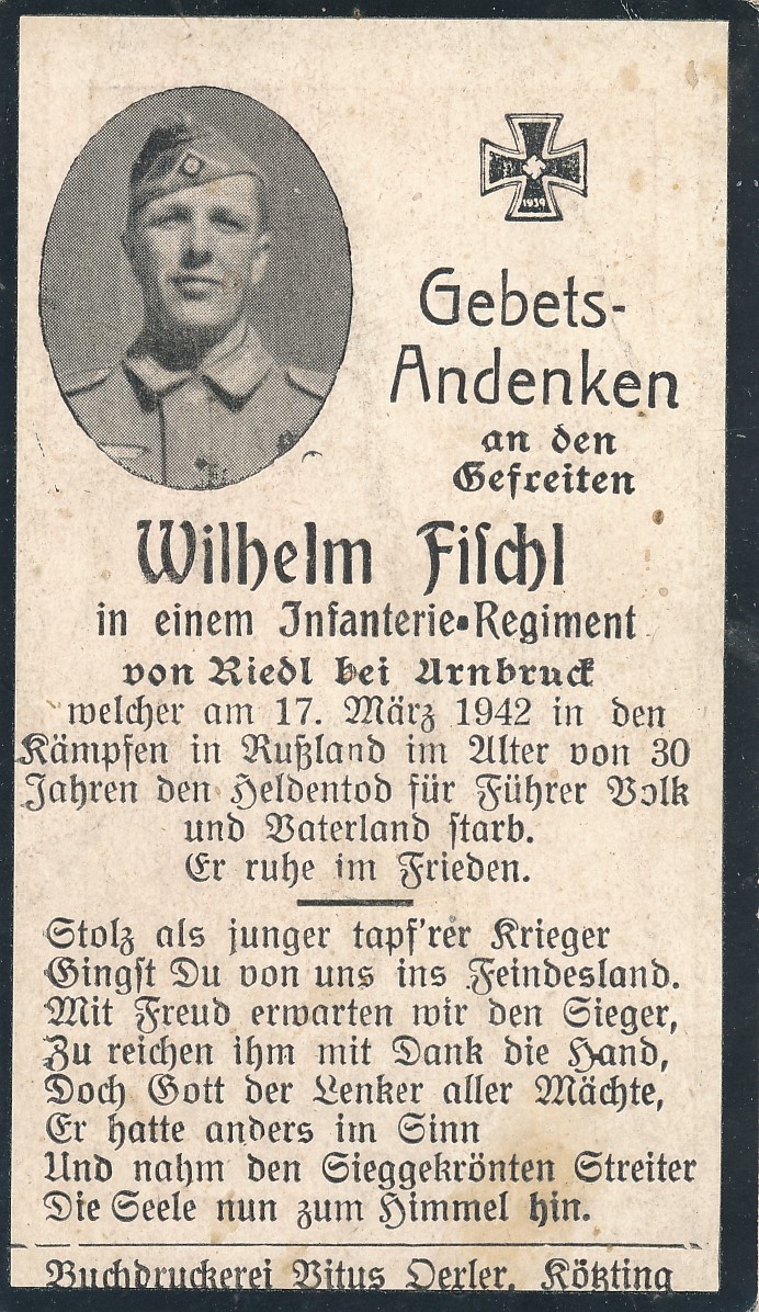 GERMAN WWII DEATH CARD FOR GRENADIER REGIMENT SOLDIER JOHANN STADLER V. SOHL