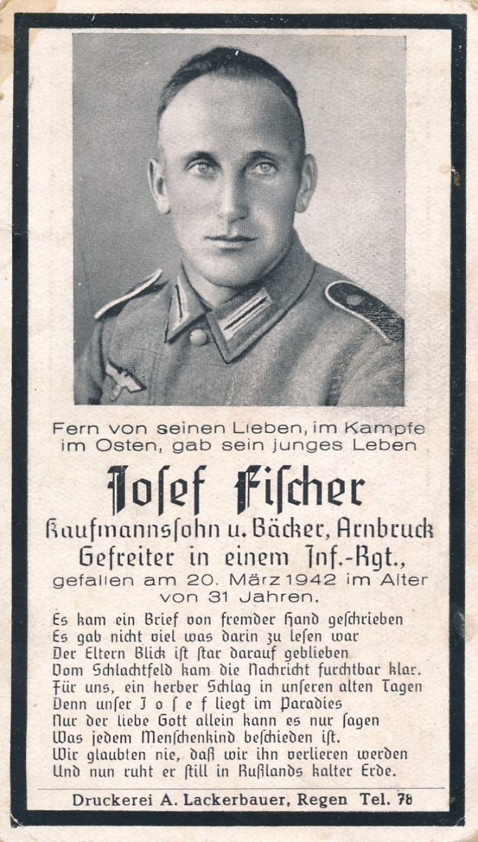 WWII German death card for Infantry Regiement Private JOSEF FISCHER 