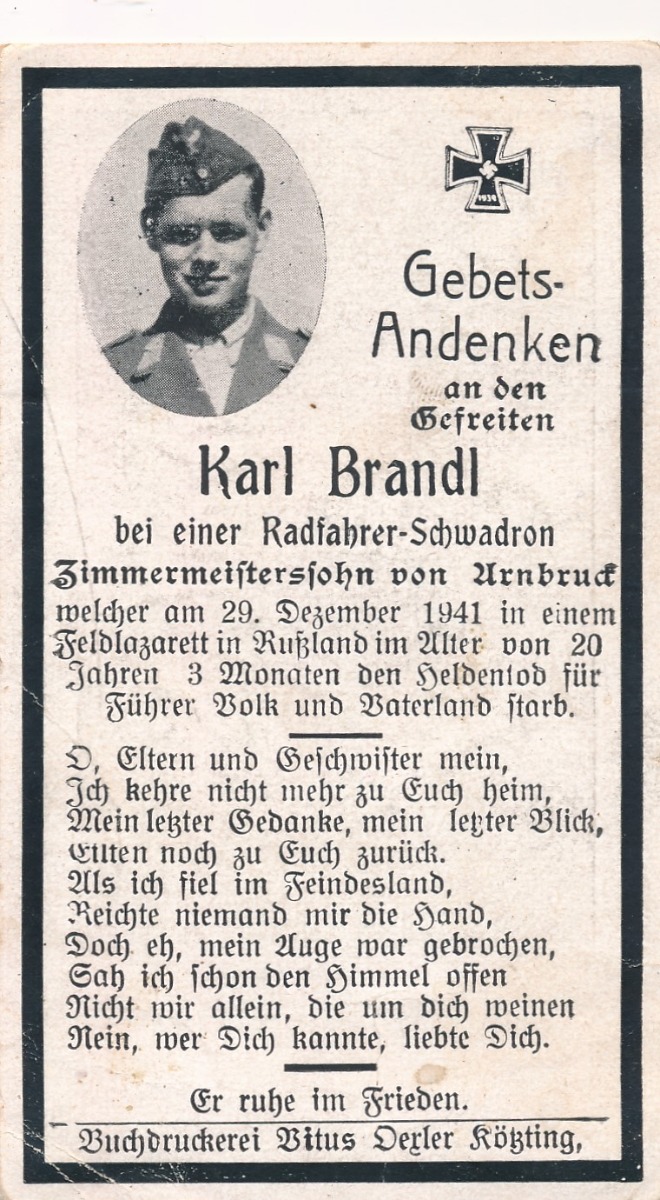 GERMAN WWII DEATH CARD FOR CYCLIST SQUADREN SOLDER KARL BRANDL  