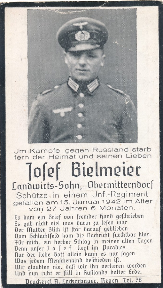 WWII German death card for Infantry Regiment Soldier JOSEF BIELMEIER 