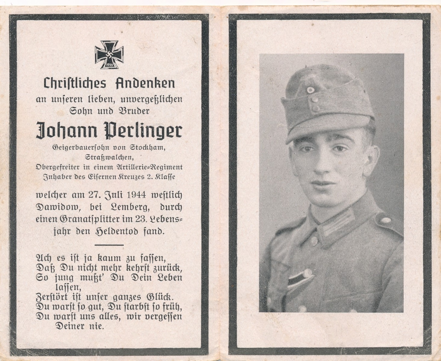 GERMAN WWII DEATH CARD FOR  ARTILLERY REGIMENT OBERGEFREITER JOHANN DERLINGER