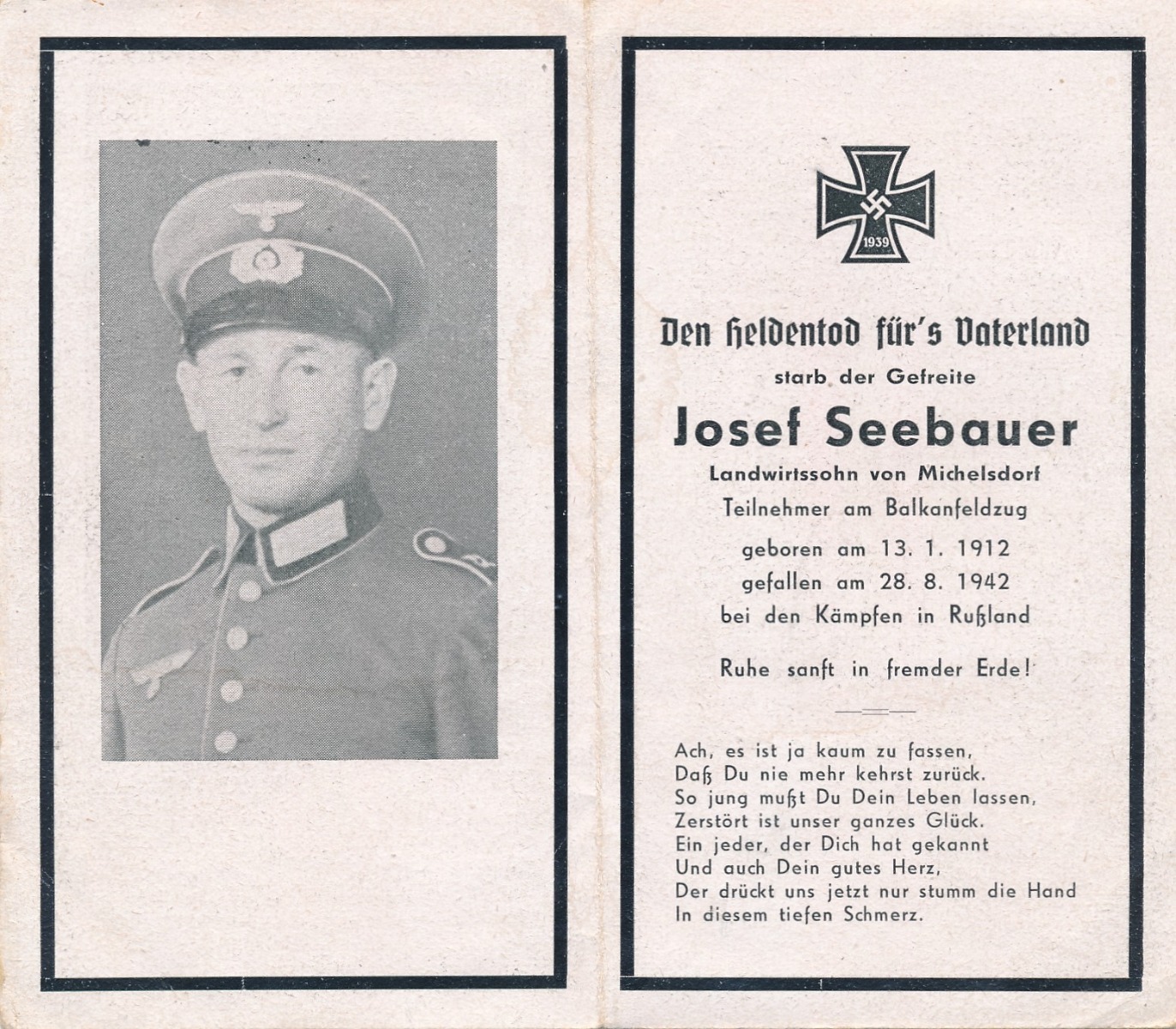 GERMAN WWII DEATH CARD FOR  PRIVATE JOSEF SEEBAUER