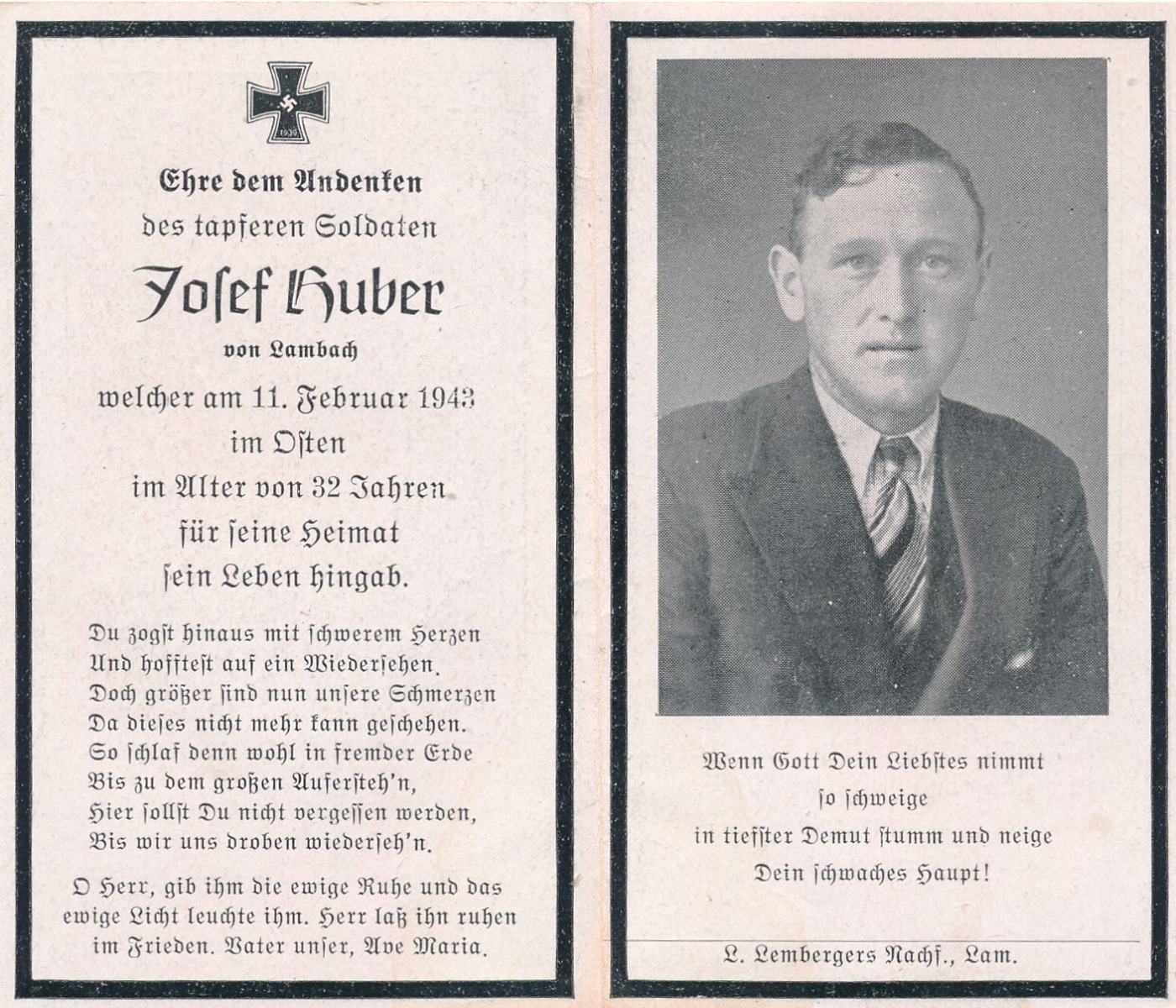 GERMAN WWII DEATH CARD FOR  JOSEF HUBER