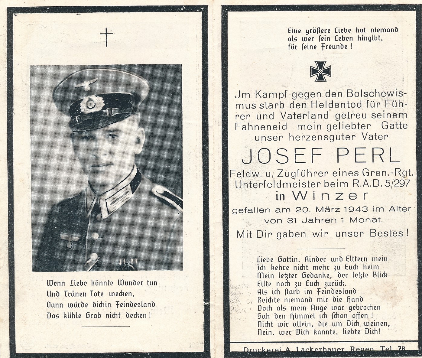 GERMAN WWII DEATH CARD FOR  FELDWEBEL UNTEROFFIZIER JOSEPH PERL 