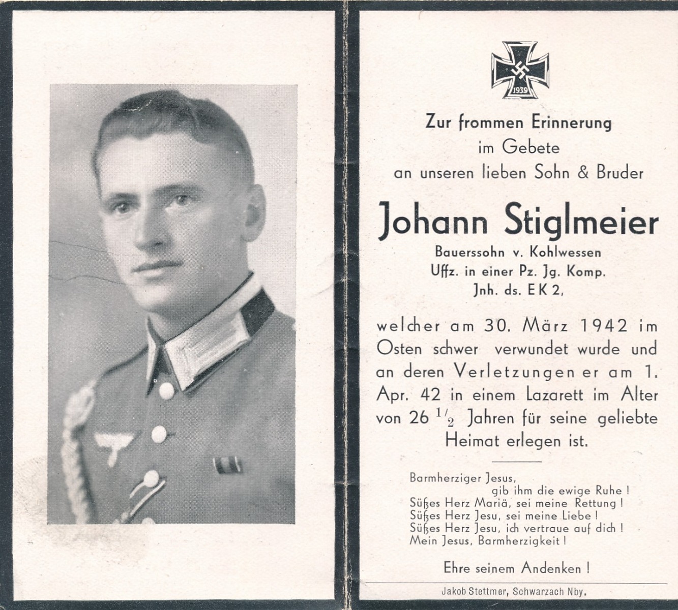 GERMAN WWII DEATH CARD FOR  PANZER DIVISION UNTEROFFIZIER JOHANN STIGLMEIER