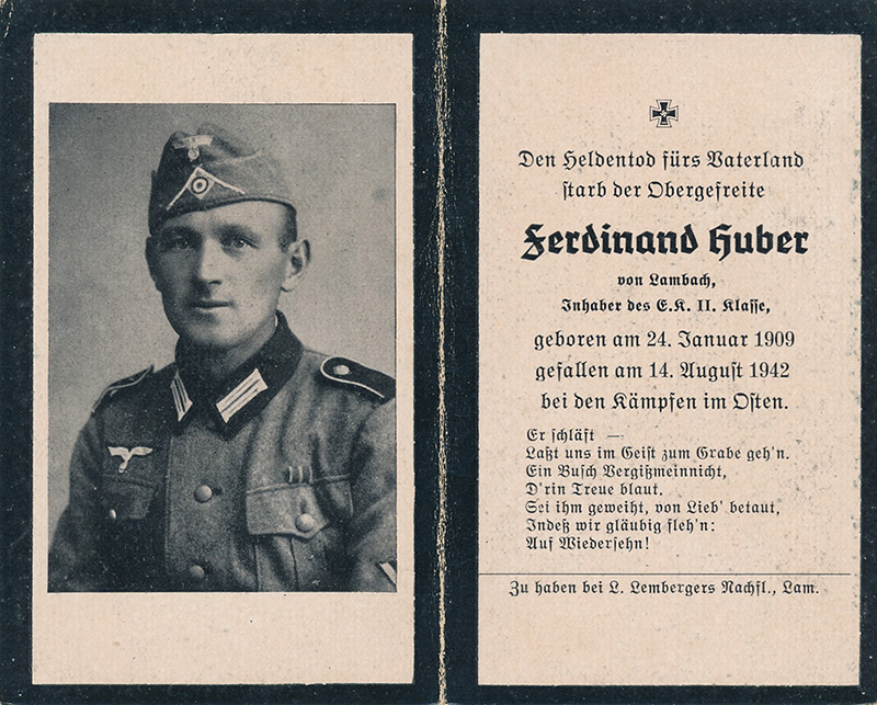 GERMAN WWII DEATH CARD FOR FERDINAND HUBER 
