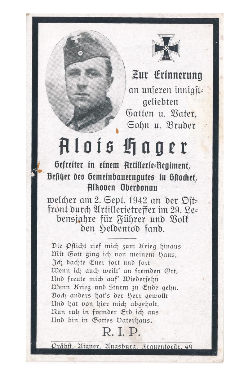 GERMAN WWII DEATH CARD FOR ARTILLERY REGIMENT GEFREITER - ALOIS HAGER