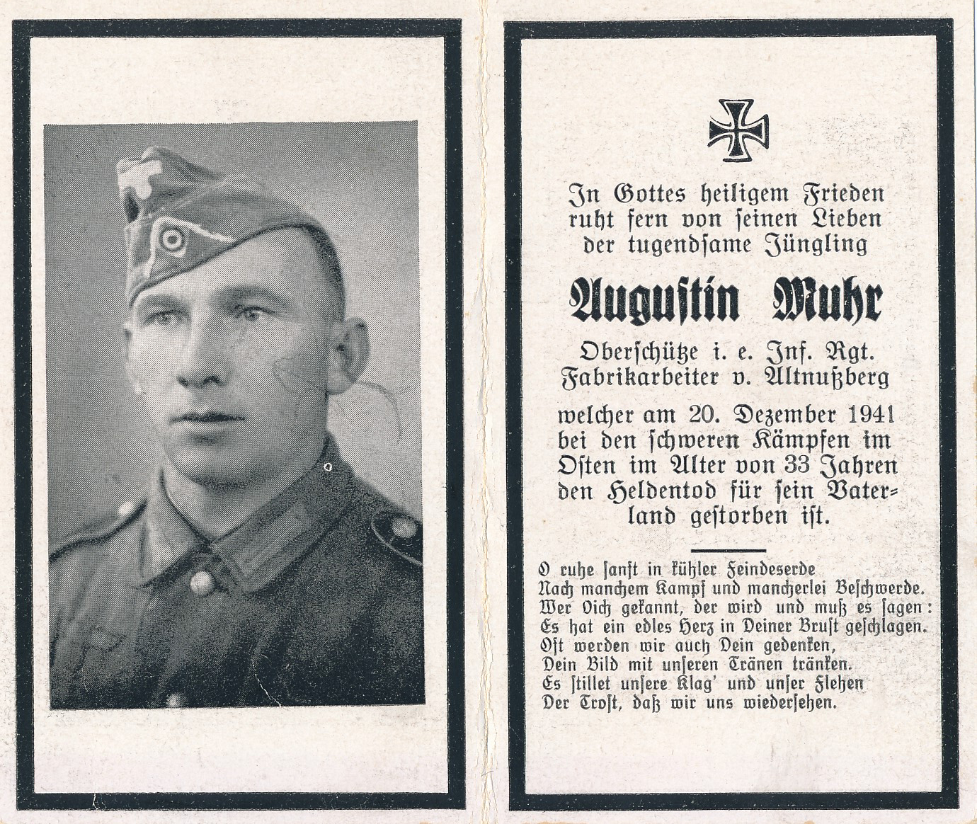 GERMAN WWII DEATH CARD FOR INFANTRY REGIMENT SOLDIER YUGUFTIN MUHR