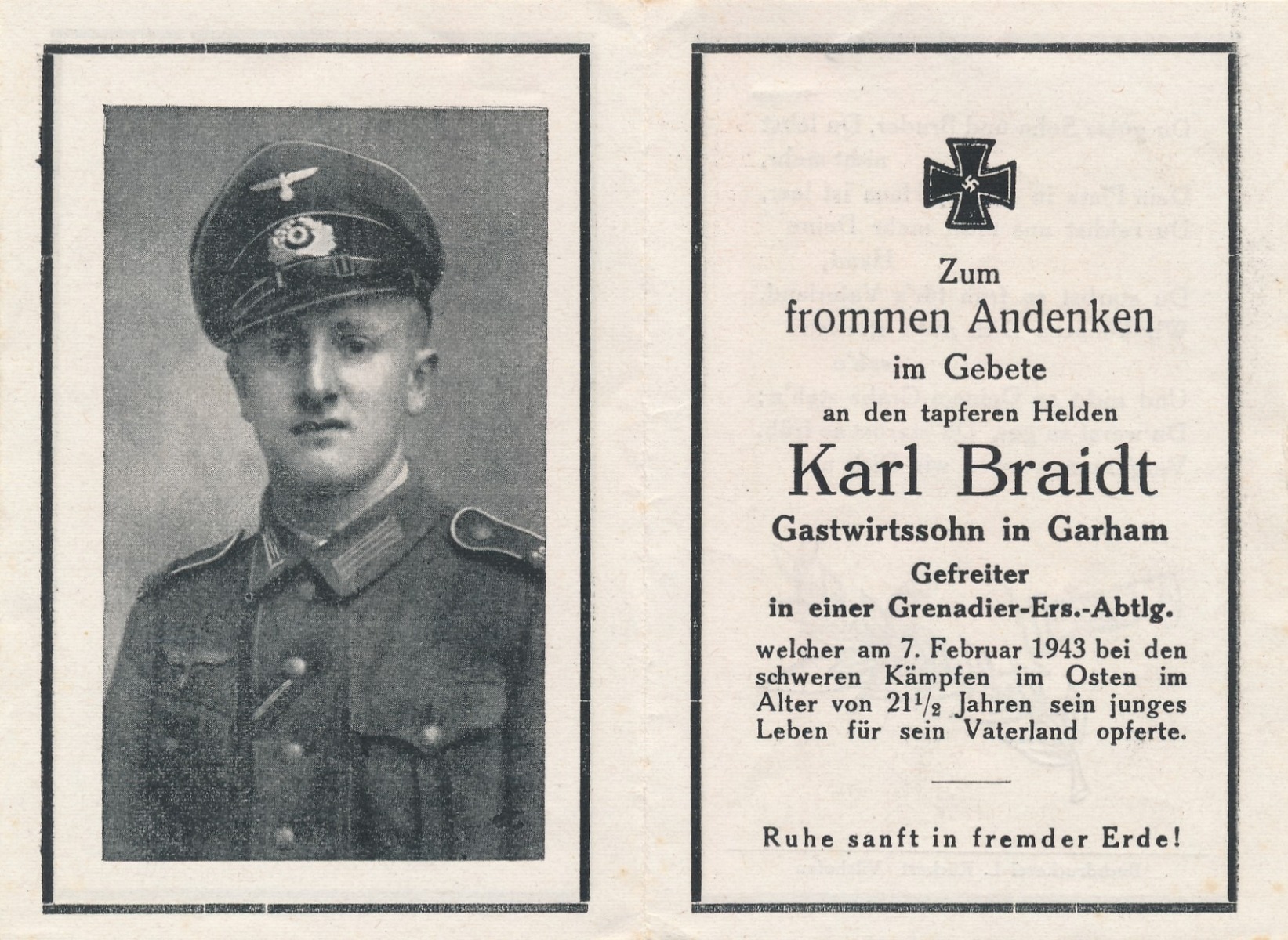 GERMAN WWII DEATH CARD FOR GRENADIER RESERVES BATTALION SOLDIER KARL BRAIDT