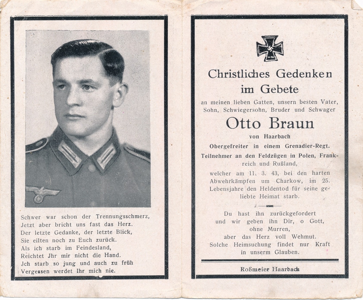 GERMAN WWII DEATH CARD FOR GRENADIER REGMT. OBERGEFREITER OTTO BRAUN