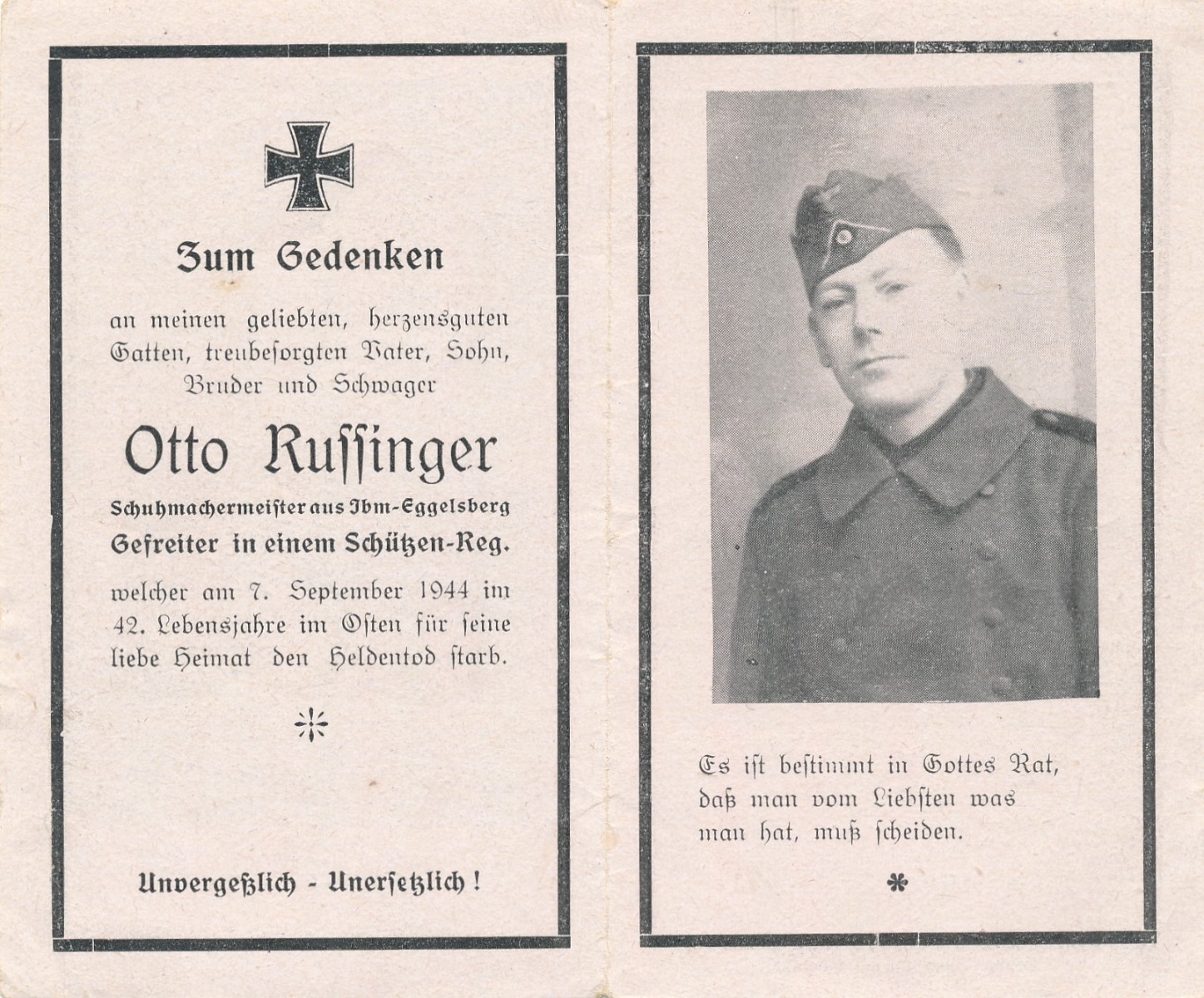 GERMAN WWII DEATH CARD FOR PANZERGRANADIER REGMT (Schützen) GEFREITER OTTO RUFFINGER 