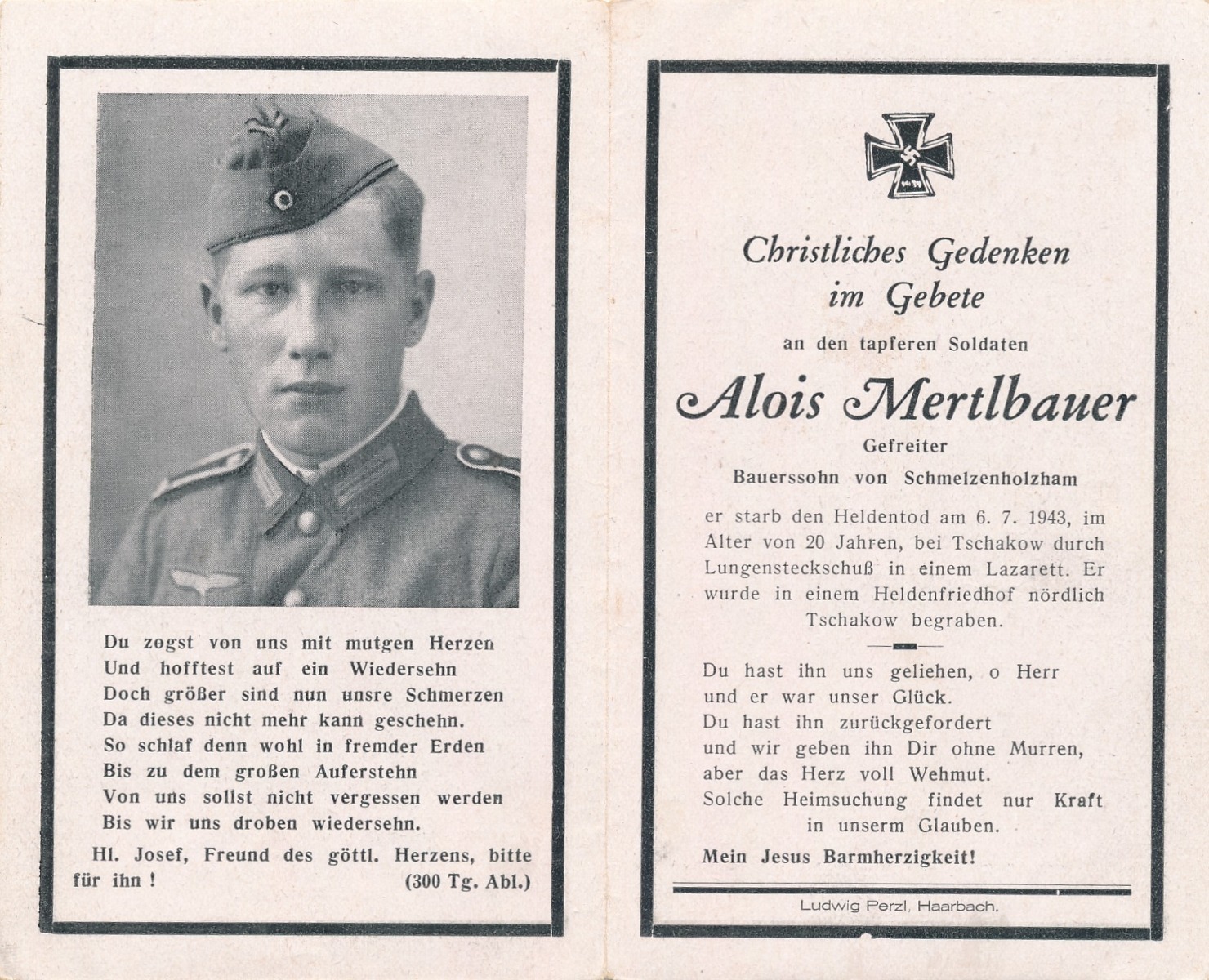 GERMAN WWII DEATH CARD FOR GEFREITER ALOIS MERTLBAUER