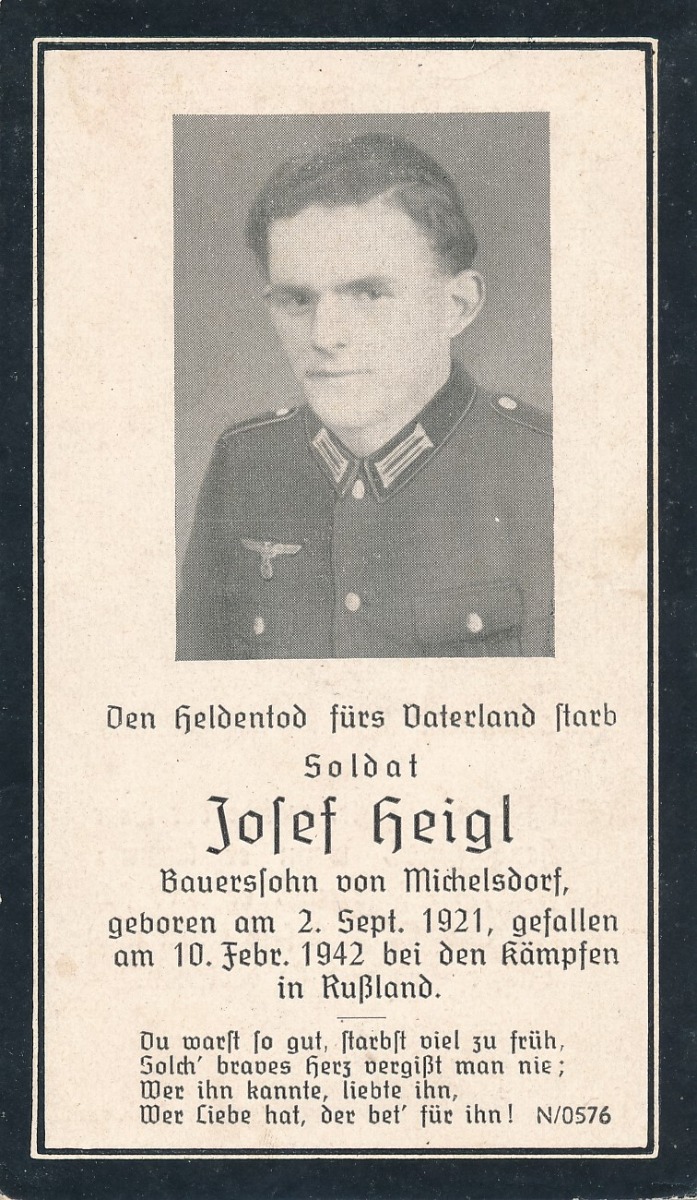GERMAN WWII DEATH CARD FOR SOLDATE JOSEF HEIGL  