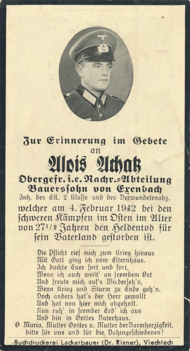 GERMAN WWII DEATH CARD FOR SOLDATE JOSEF HEIGL  