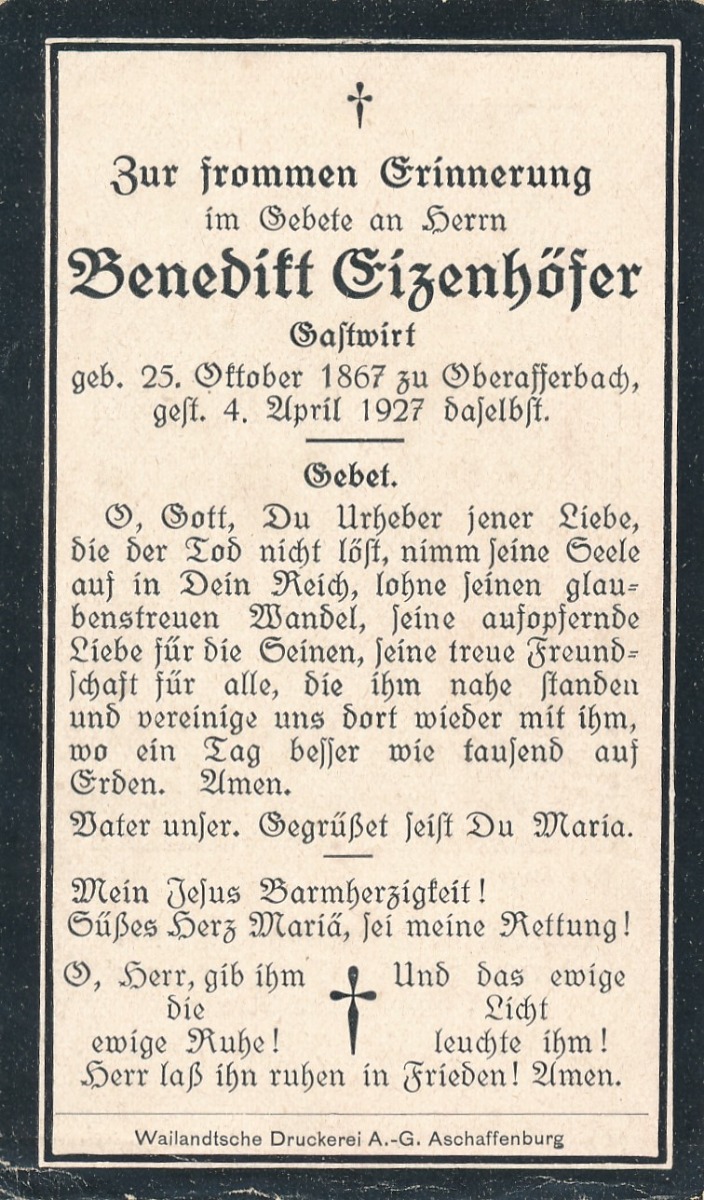 GERMAN WWI DEATH CARD FOR BENEDITT OIZENHOFER  