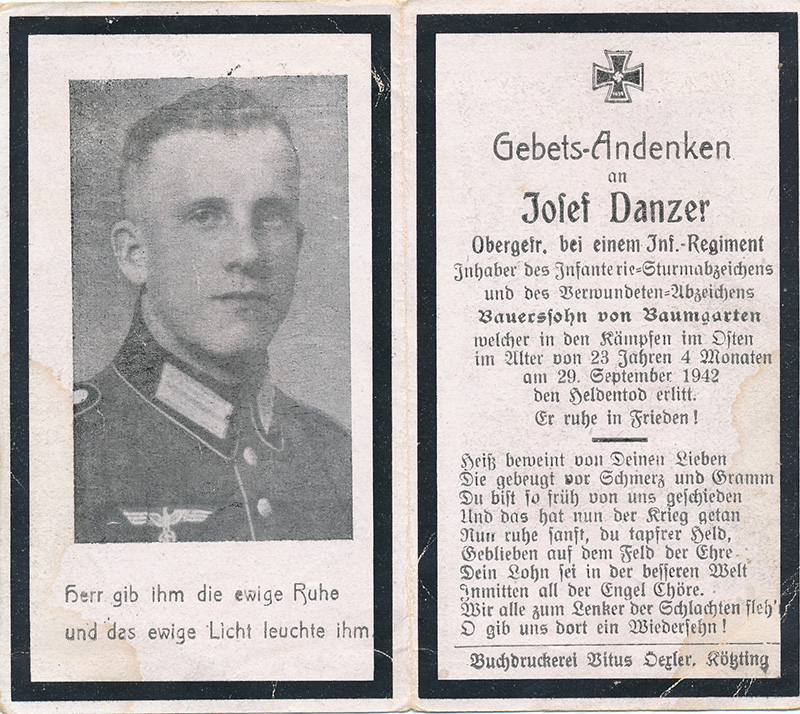 GERMAN WWII DEATH CARD FOR OBERGEFREITER INFANTRY SOLDIER JOFEF DANZER