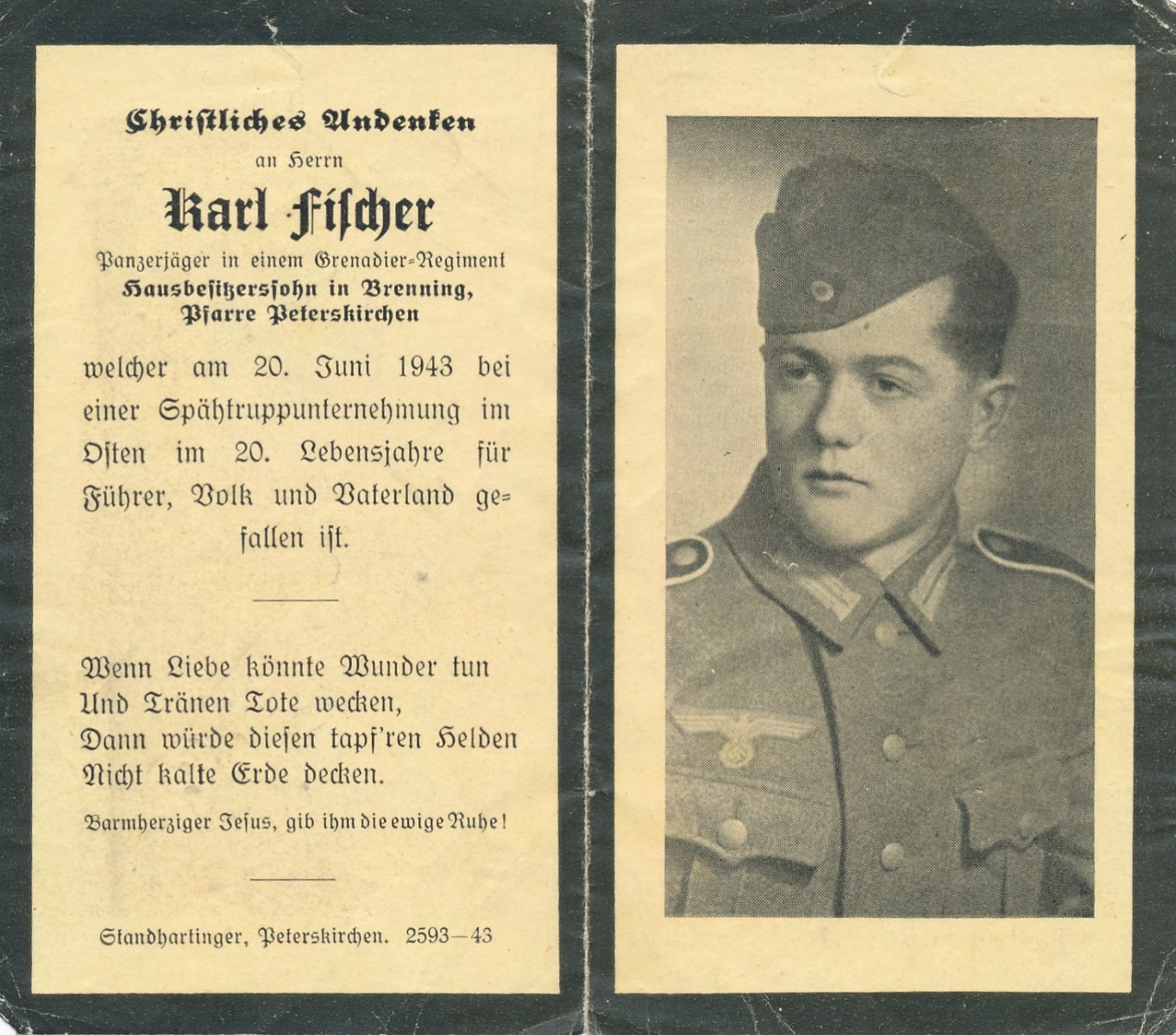 GERMAN WWI DEATH CARD FOR GRENADIER REGIMENT PANZERJAGER KARL FILCHER