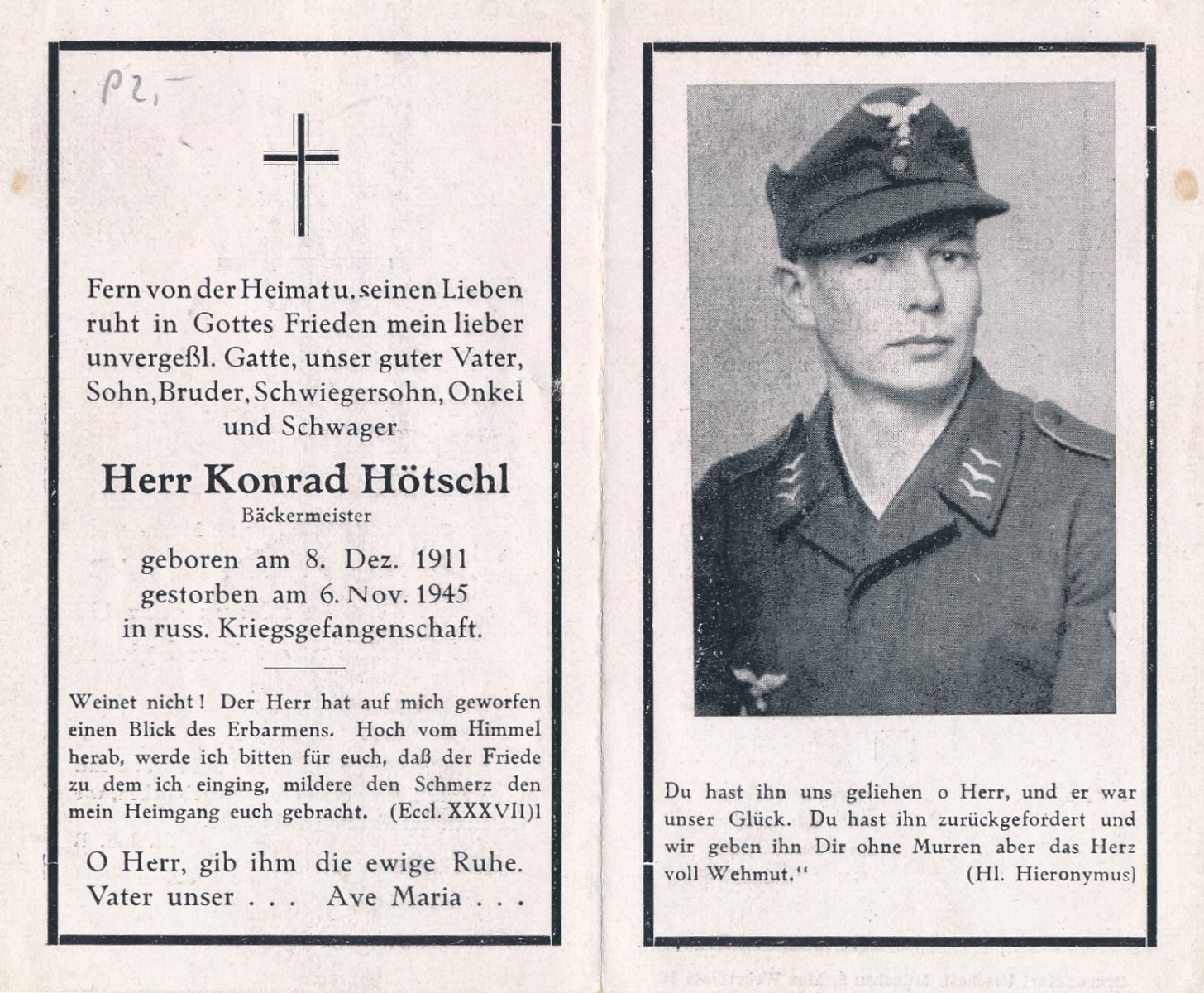 GERMAN WWI DEATH CARD FOR SOLDIER & MASTER BAKER  KONRAD HOTSCHL