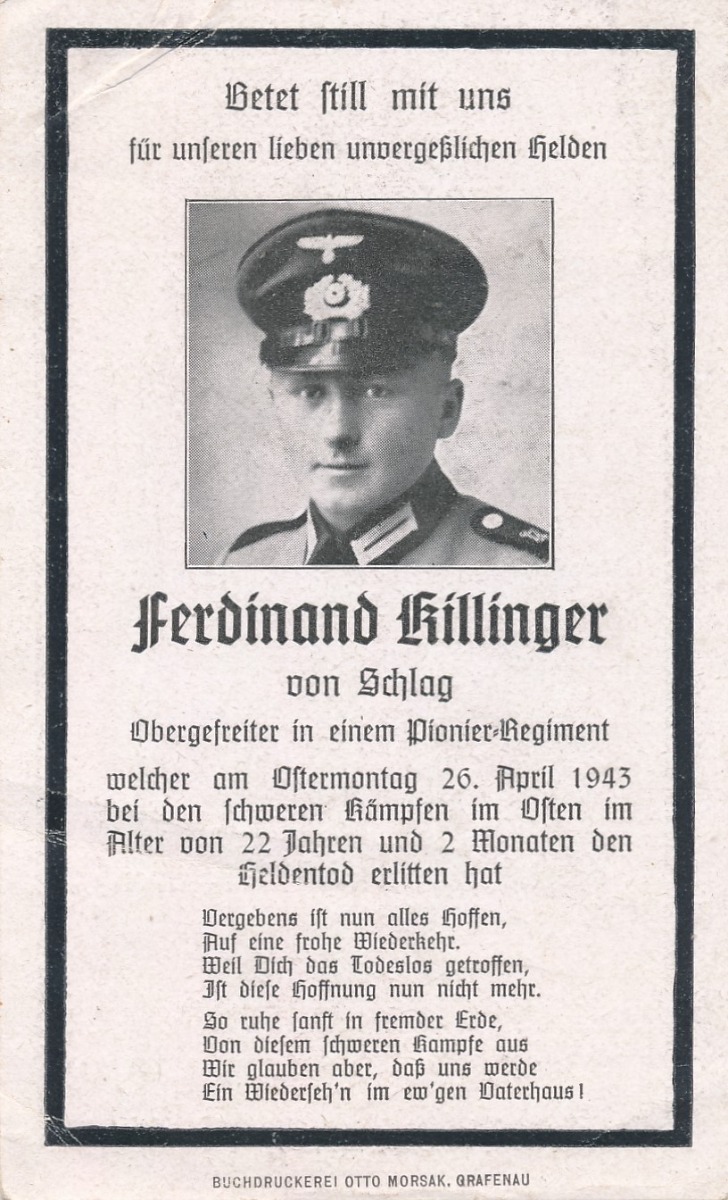 GERMAN WWI DEATH CARD FOR PIONEER REGIMENT OBERGEFREITER FERDINAND KILLINGER