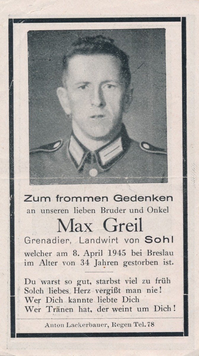 GERMAN WWI DEATH CARD FOR GRENADIER MAX GREIL