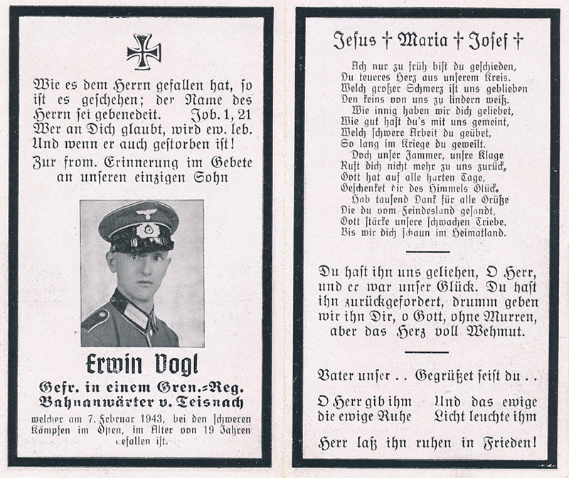 GERMAN WWII DEATH CARD FOR MEDICAL COMPANY SOLDIER ADALBERT STERR