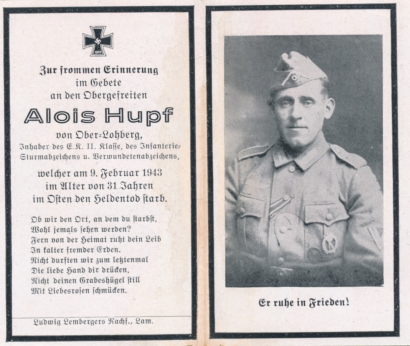 GERMAN WWII DEATH CARD FOR  INFANTRY SOLDIER ALOIS HUPF