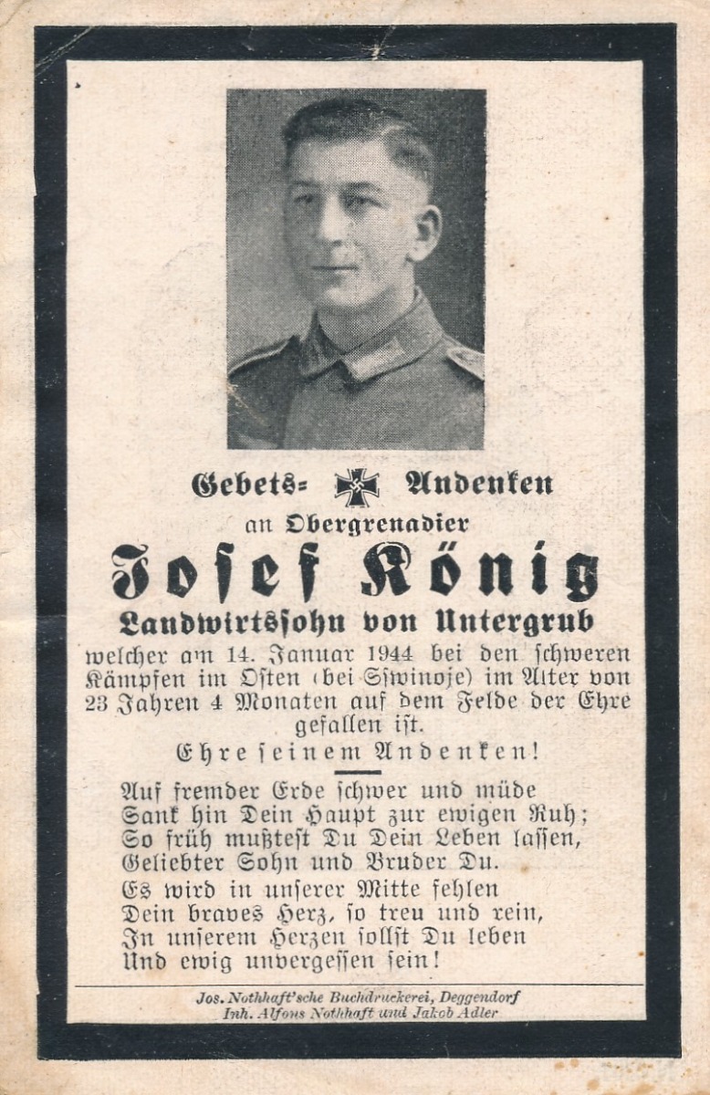 GERMAN WWII DEATH CARD FOR OBERGRENADIER SOLDIER JOFEF KONIG