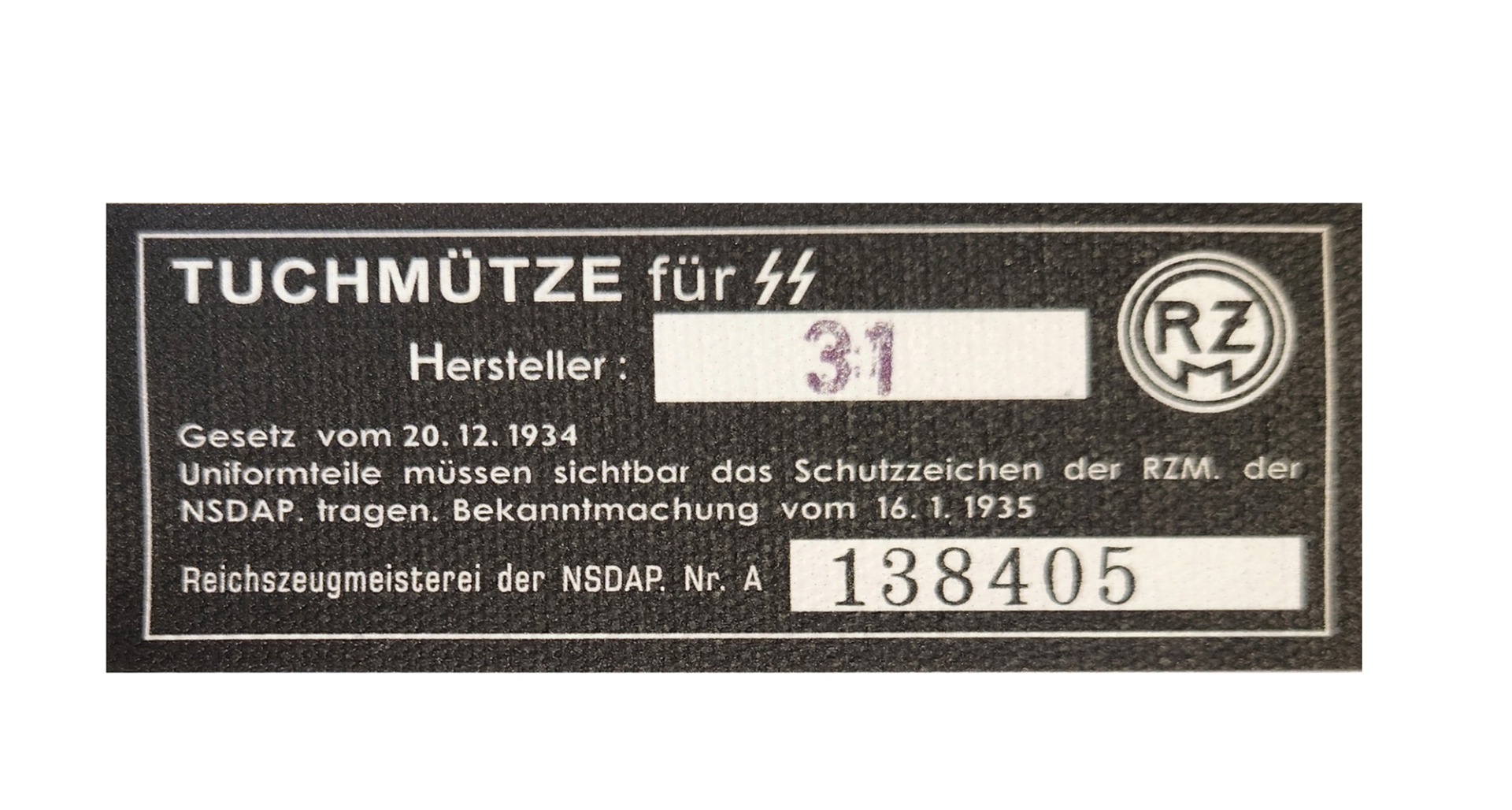 RZM TAG IN WHITE FOR GERMAN WW2 SS VISOR CAP (SS-DIENSTUTZE) 