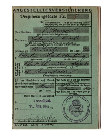 GERMAN WW2 EMPLOYEE INSURANCE CERTIFICATE AND RECORD BOOKLET - DATED 1941