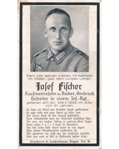WWII German death card for Infantry Regiement Private JOSEF FISCHER 