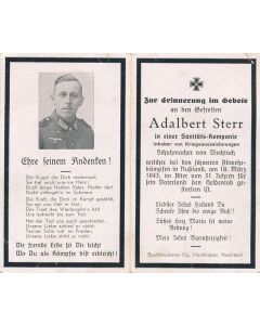 GERMAN WWII DEATH CARD FOR MEDICAL COMPANY SOLDIER ADALBERT STERR