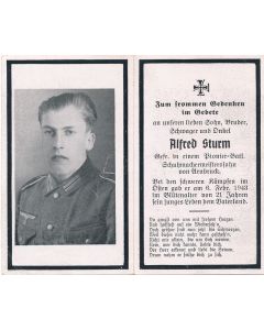 GERMAN WWII DEATH CARD FOR GEFREITER PIONEER BATTALION SOLDIER ALFRED STURM