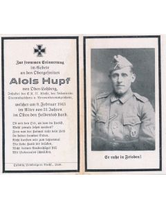 GERMAN WWII DEATH CARD FOR  INFANTRY SOLDIER ALOIS HUPF