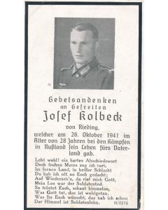 GERMAN WWII DEATH CARD FOR GRENADIER REGIMENT SOLDIER JOHANN STADLER V. SOHL