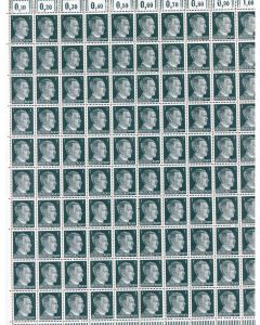 FULL AND COMPLETE GERMAN WWII HITLER HEAD STAMP SHEET OF 100 STAMPS 1 RPF VALUE. 