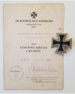 GERMAN WW2 IRON CROSS 1ST CLASS 1939 MEDAL WITH IRON CROSS AWARD DOCUMENT 11 PANZER DIVISION