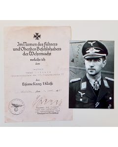 GERMAN IRON CROSS 1ST CLASS AWARD DOCUMENT AND PHOTO FOR WERNER MOLDERS