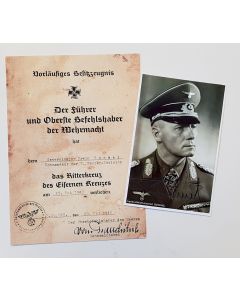 GERMAN KNIGHT'S CROSS OF THE IRON CROSS AWARD DOCUMENT AND PHOTO FOR ERWIN ROMMEL