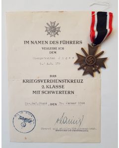 GERMAN WAR MERIT CROSS 2ND CLASS WITH SWORDS WITH AWARD DOCUMENT TO OBERGEFREITEN JAGER