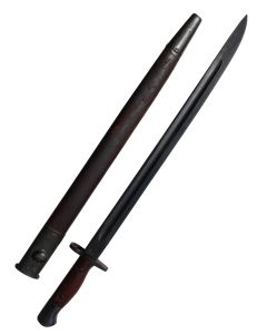 M1907 BRITISH ENFIELD BAYONET WITH LEATHER & METAL SCABBARD DATED 1943 