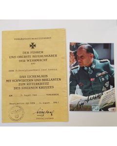 GERMAN KNIGHTS CROSS WITH OAK LEAVES SWORDS AND DIAMONDS AWARD DOCUMENT AND PHOTO FOR JOSEF DIETRICH 