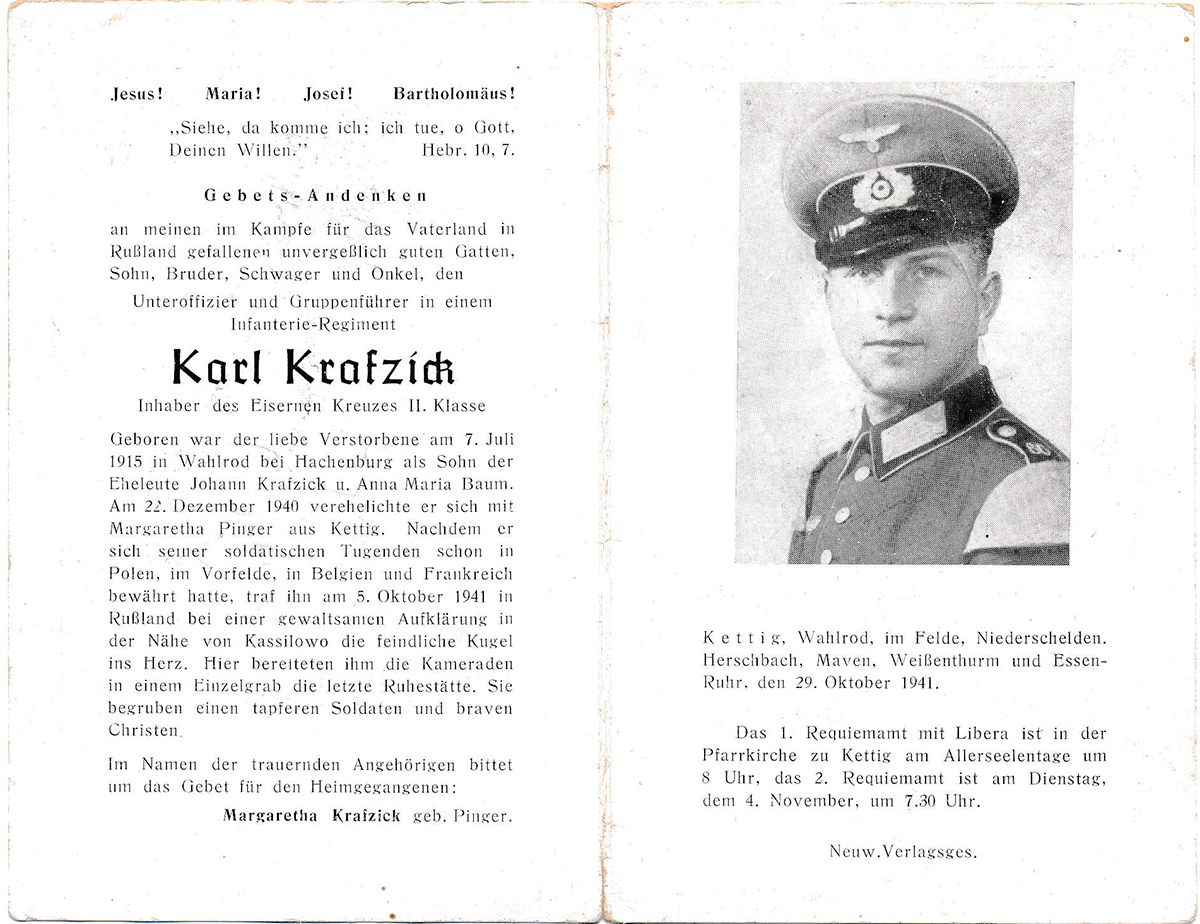 GERMAN WWI DEATH CARD FOR INFANTRY REGIMENT UNTEROFFIZIER AND GRUPPENFUHRER KARL KRAFZICK