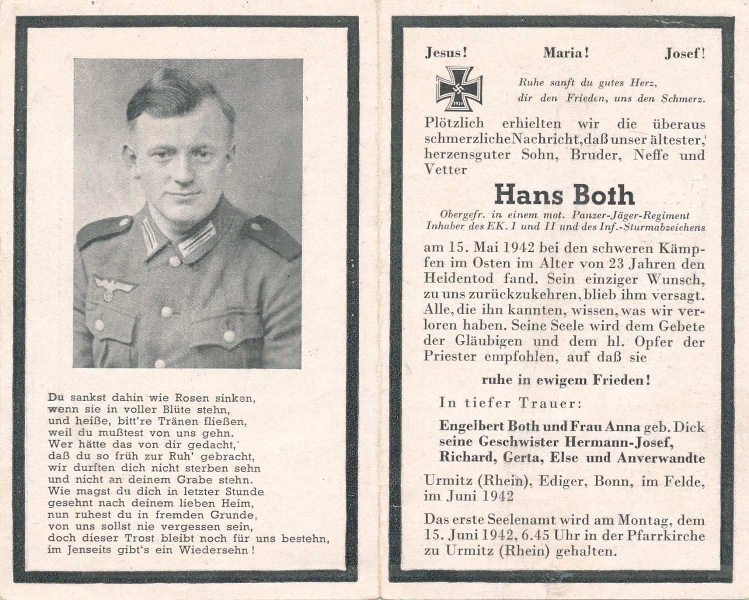 GERMAN WWI DEATH CARD FOR PANZERJAGER OBERGRUPPENFUHRER HANS BOTH