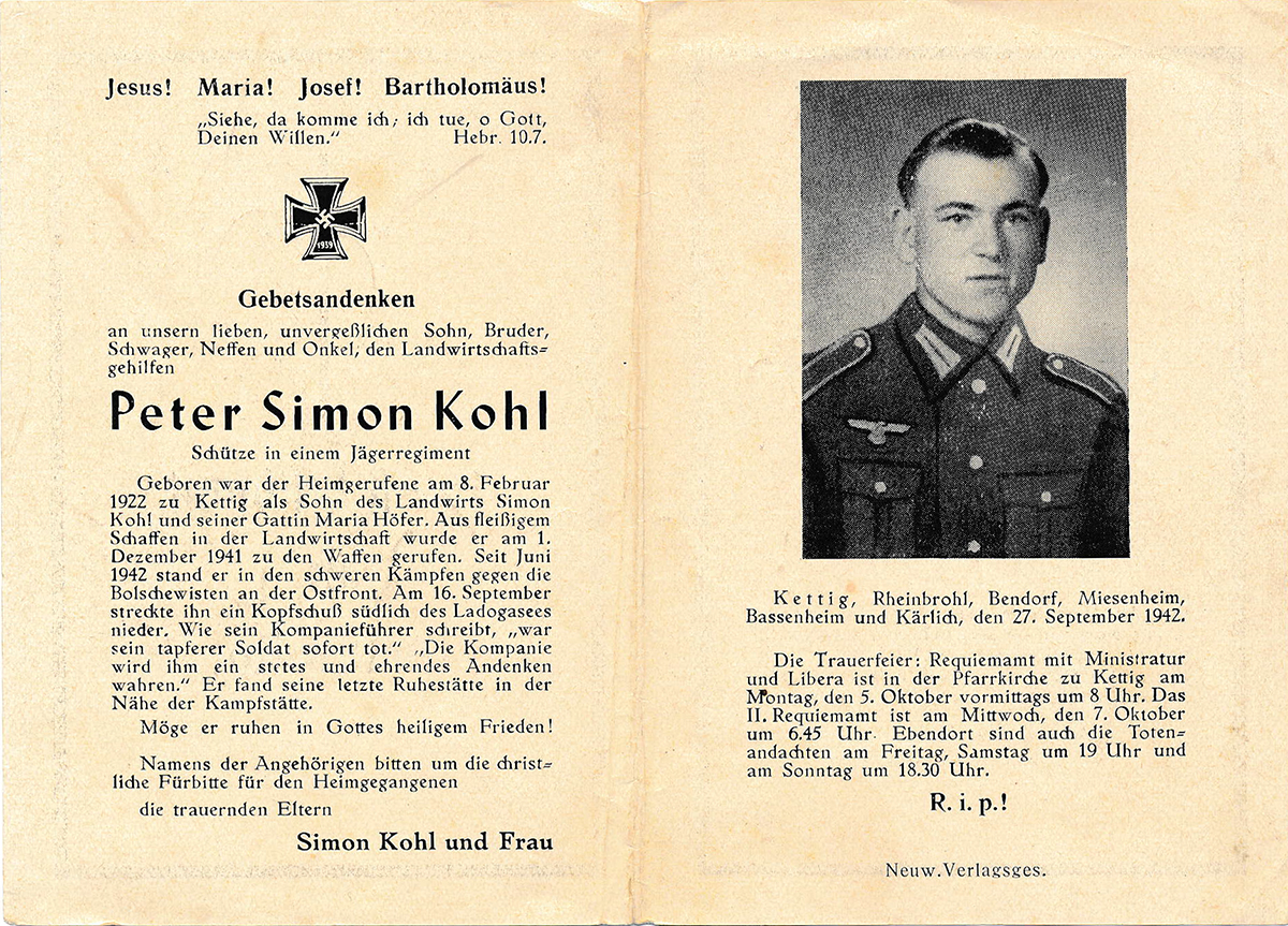 GERMAN WWI DEATH CARD FOR INFANTRY REGIMENT SNIPER PETER SIMON KOHL 