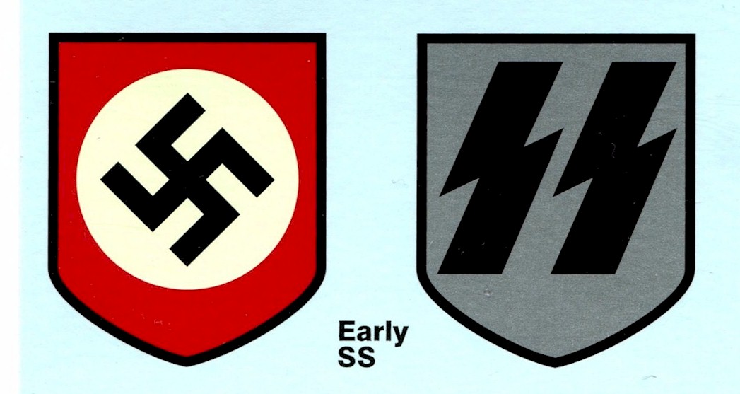 EARLY SS PATTERN HELMET DECALS SS RUNES AND NATIONAL PARTY SHIELD
