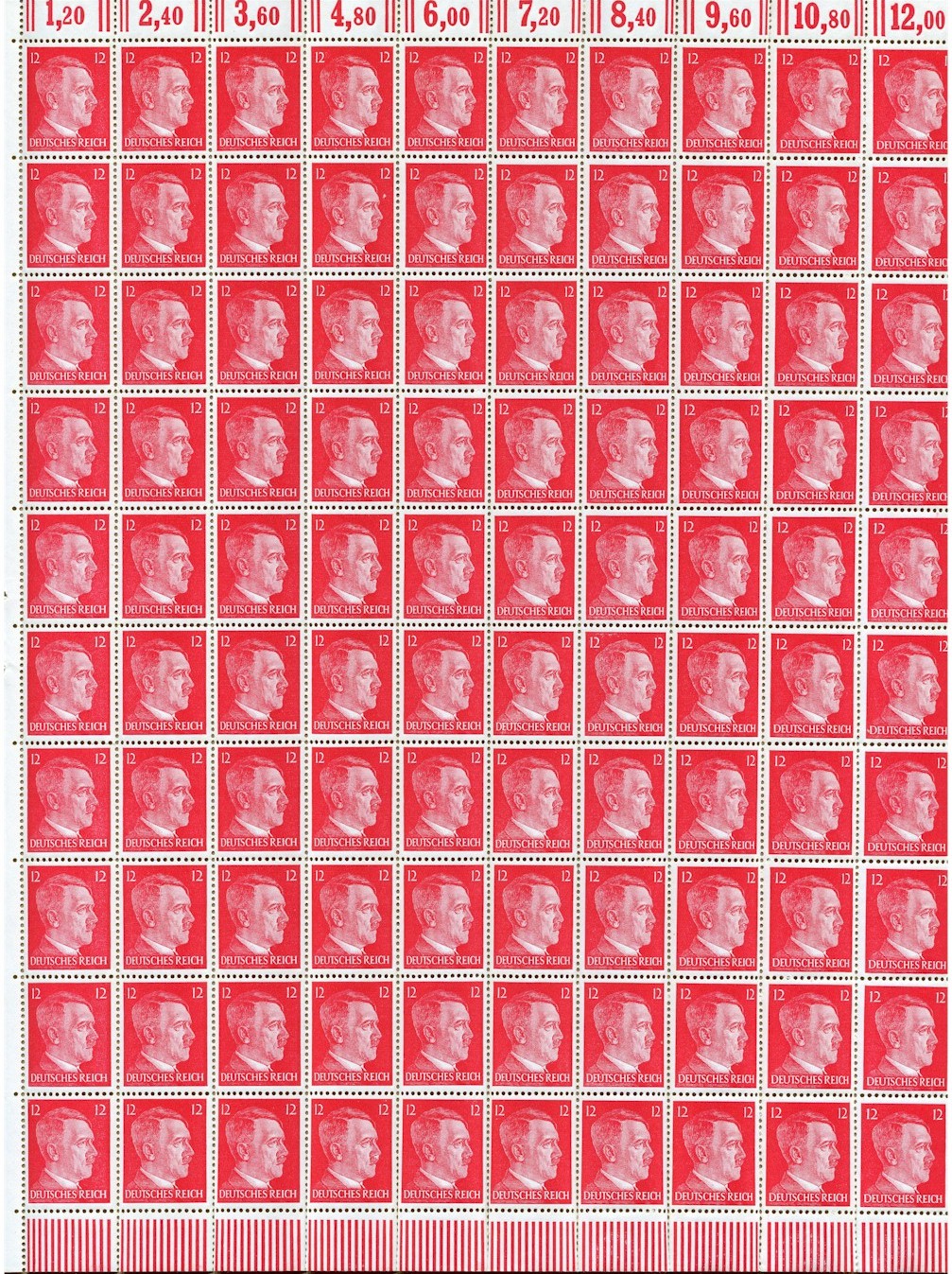 FULL AND COMPLETE GERMAN WWII HITLER HEAD STAMP SHEET OF 100 STAMPS 12 RPF VALUE. FULL GUM