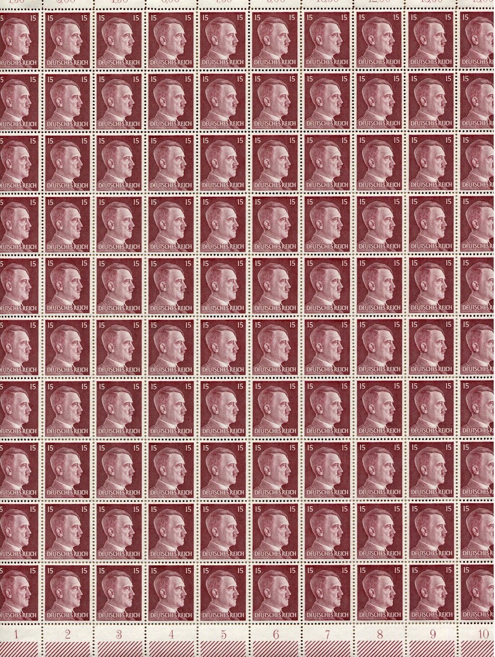 FULL AND COMPLETE GERMAN WWII HITLER HEAD STAMP SHEET OF 100 STAMPS 15 RPF VALUE
