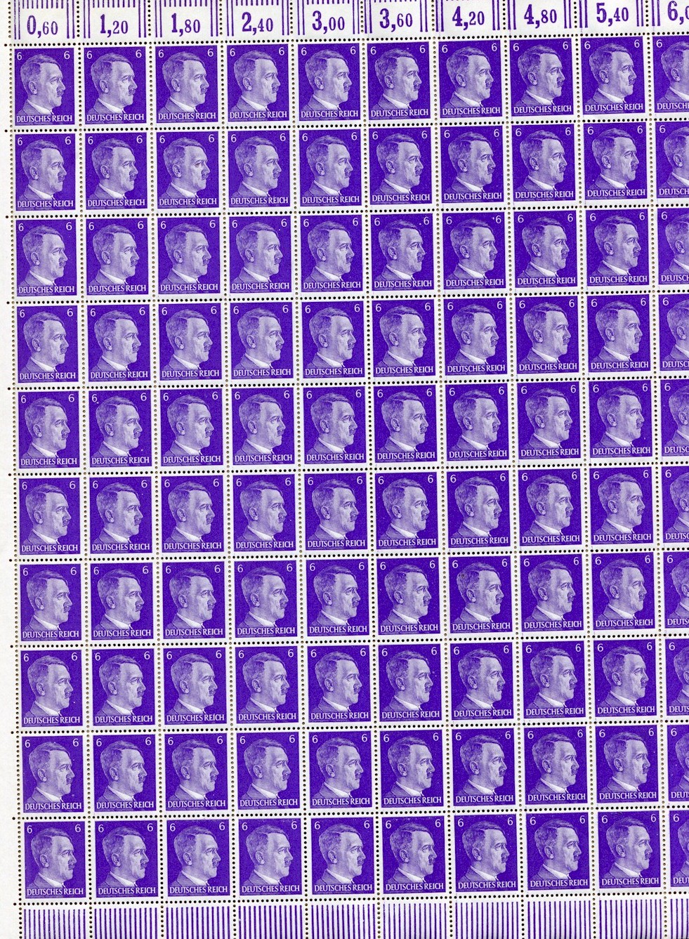 FULL AND COMPLETE GERMAN WWII HITLER HEAD STAMP SHEET OF 100 STAMPS 6 RPF VALUE. FULL GUM