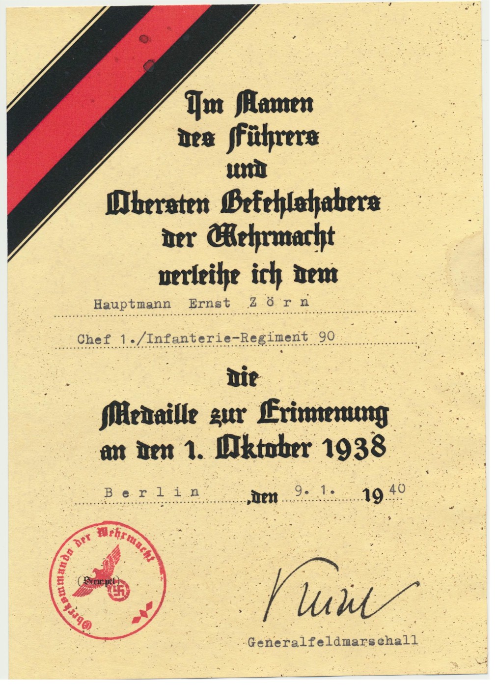 GERMAN 1ST OCTOBER 1938 MEDAL HAUPTMANN ERNST ZORN CHEF 1./ INFANTERIE REGIMENT 90 DOCUMENT