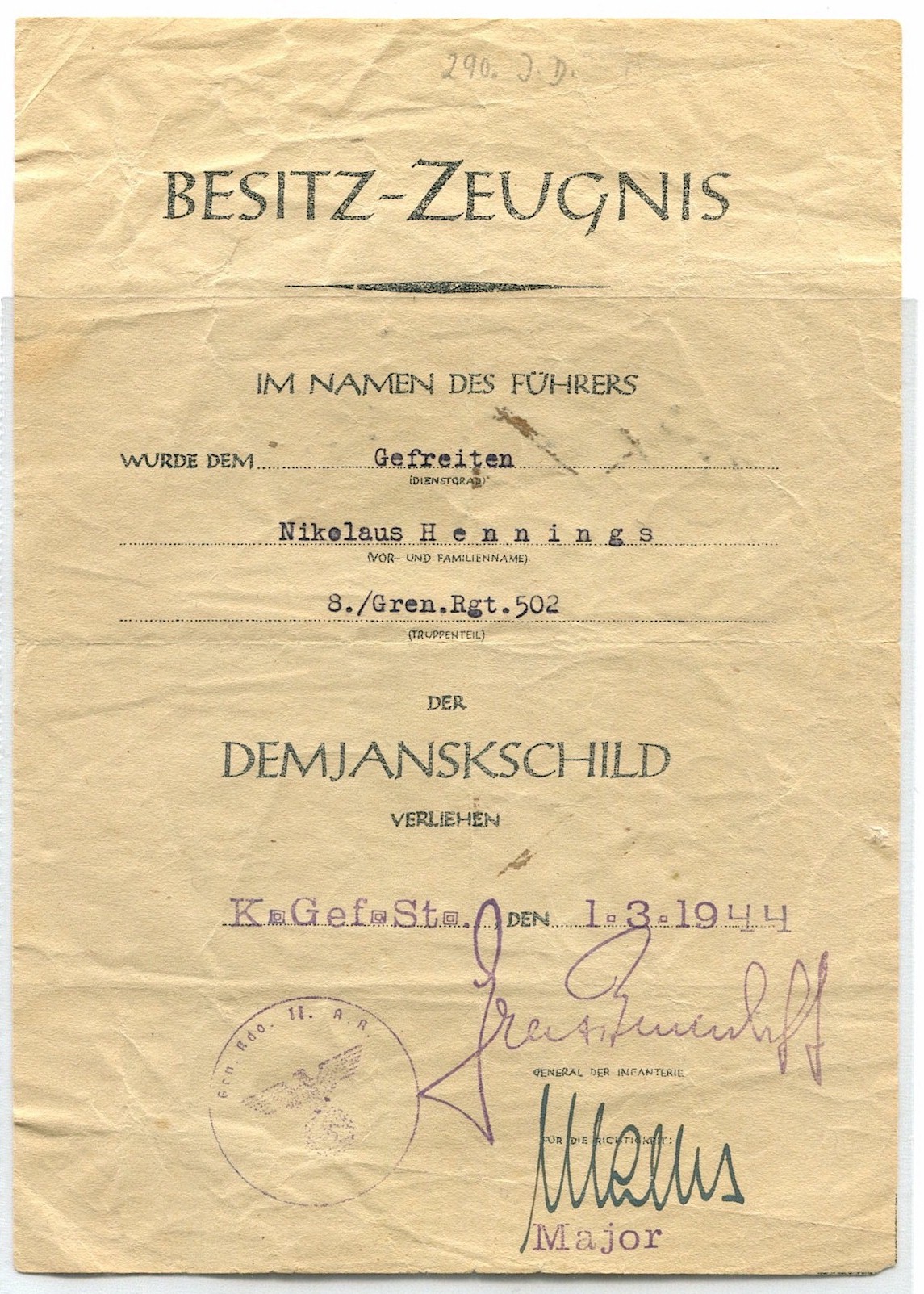GERMAN AWARD DOCUMENT DEMJANSK SHIELD ORIGINAL